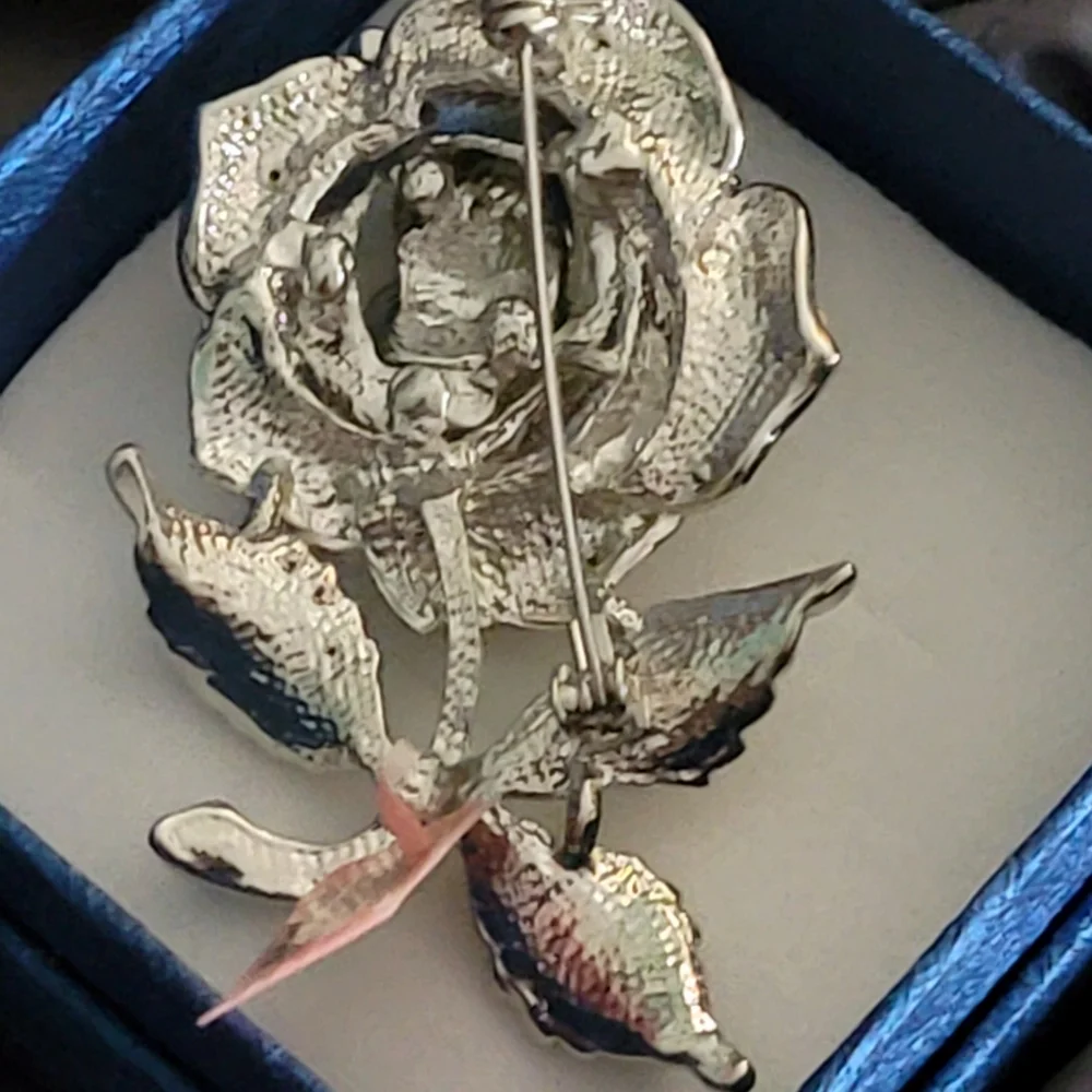 Chrome Silver Rose Crystal Color Accent Stones Flower Pin Brooch NWT